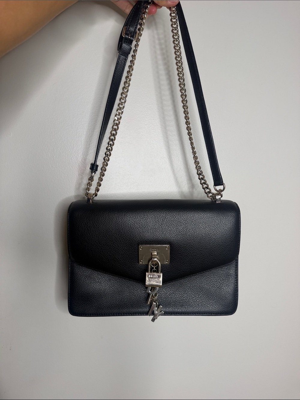DKNY Black Leather Crossbody Bag with Silver Chain & Lock